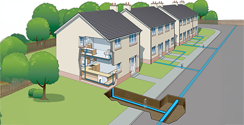 Diagram of a row of three houses along a road with a cutaway to internal of one house, showing water pipework connections from road to tap.