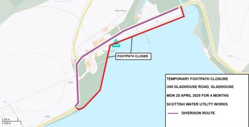 Map showing a temporary footpath closure on U80 Gladhouse Road effective from April 28, 2025, for four months due to Scottish Water utility works, including a marked diversion route.