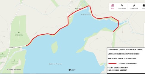 Map showing a Temporary Traffic Regulation Order on U80 Gladhouse Clearway, with marked route in red along the Reservoir, effective from May 16 to October 18, 2025.
